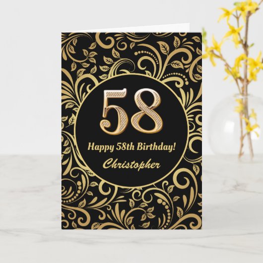 58e Birthday Black en Gold Floral Pattern Kaart (Gele Bloem)