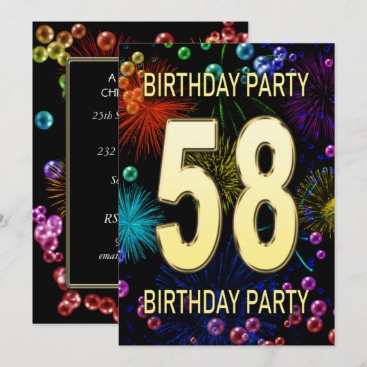 58e 'Birthday Party'-uitnodigingen in vuurwerk bel Kaart (Voorkant / Achterkant)