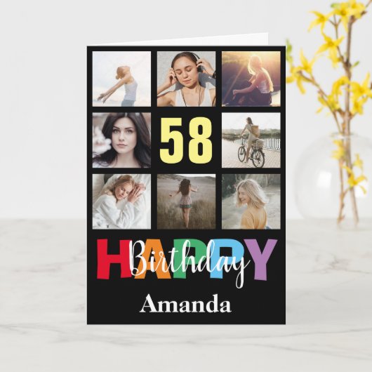 58e Gelukkige Verjaardag Fotocollage Modern Zwart Kaart (Gele Bloem)