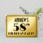 58e verjaardag — Art Deco look "58" + Naam Folie Uitnodiging (Staand Voorkant)