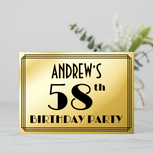 58e verjaardag — Art Deco look "58" + Naam Folie Uitnodiging (Staand Voorkant)
