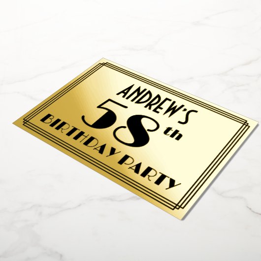 58e verjaardag — Art Deco look "58" + Naam Folie Uitnodiging (Gedraaid)