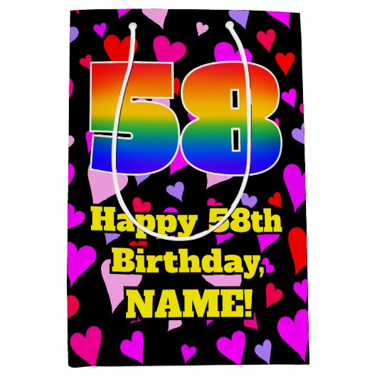 58e verjaardag: Beeldende harten patroon, regenboo Medium Cadeauzakje (Voorkant)