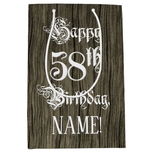 58e verjaardag: Fancy, Faux Wood Kijk + Aangepaste Medium Cadeauzakje (Voorkant)