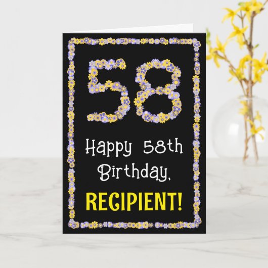 58e verjaardag: Floral Flowers Number, Custom Name Kaart (Gele Bloem)