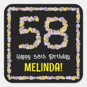 58e verjaardag: Floral Flowers Number, Custom Name Vierkante Sticker (Voorkant)