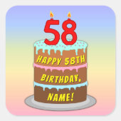 58e verjaardag: Fun Cake and Candles + Custom Name Vierkante Sticker (Voorkant)
