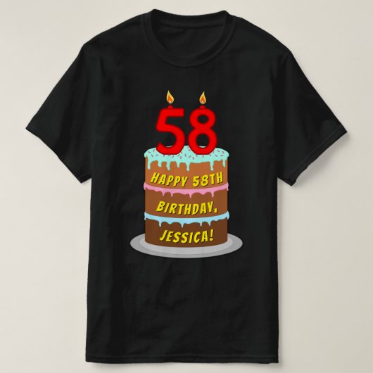 58e verjaardag — Fun Cake & Candles, w/ Eigen naam T-shirt (Design voorkant)
