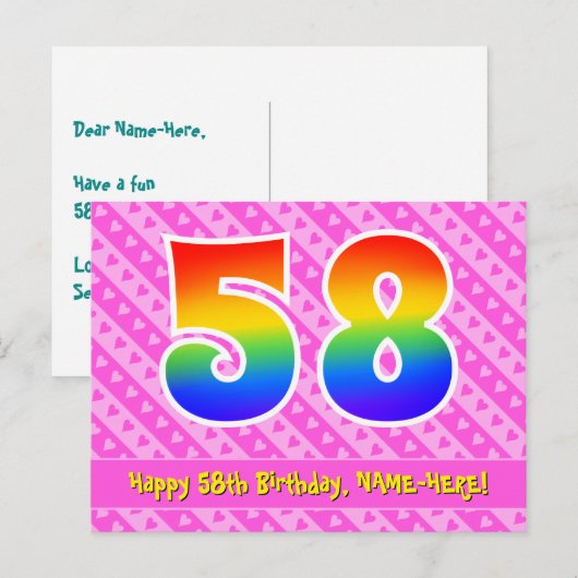 58e verjaardag: Roze strepen & harten, Regenboog 5 Briefkaart (Voorkant / Achterkant)