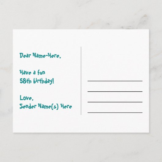 58e verjaardag: Roze strepen & harten, Regenboog 5 Briefkaart (Achterkant)