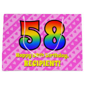 58e verjaardag: Roze strips & harten, regenboognr. Groot Cadeauzakje (Voorkant)