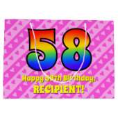 58e verjaardag: Roze strips & harten, regenboognr. Groot Cadeauzakje (Achterkant)