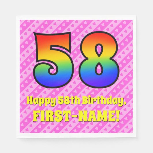 58e verjaardag: Roze strips & harten, regenboognr. Servet (Voorkant)