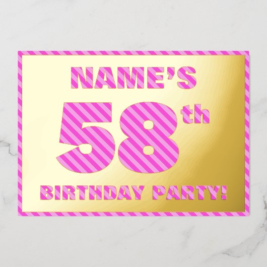 58e verjaardag - Vet, vun, roze band # 58 Folie Uitnodiging (Voorkant)