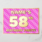58e verjaardag — vuurroze harten en strips folie uitnodiging (Voorkant)