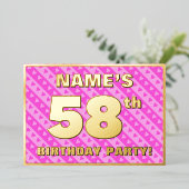 58e verjaardag — vuurroze harten en strips folie uitnodiging (Staand Voorkant)