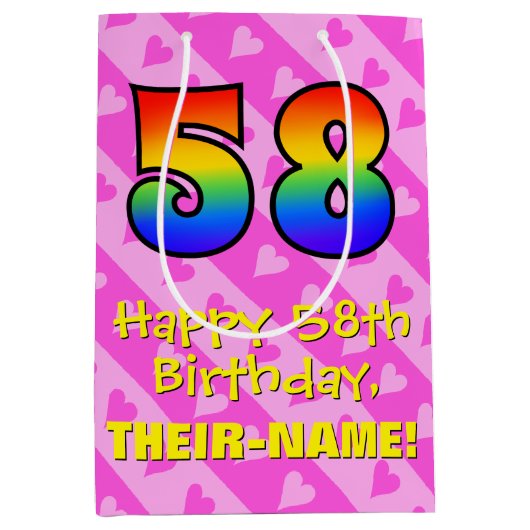 58e verjaardag: vuurroze hartstrepen; regenboog 58 medium cadeauzakje (Voorkant)