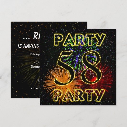 58e verjaardagsfeestuitnodiging met vuurwerk kaart (Voorkant / Achterkant)