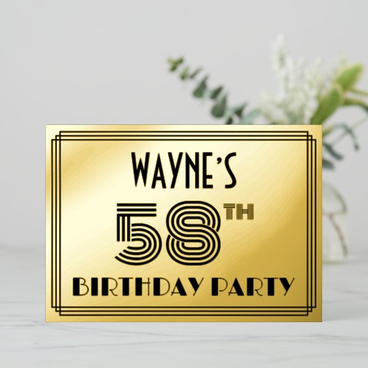 58ste verjaardag — Art Deco Style "58" en naam Folie Uitnodiging (Staand Voorkant)