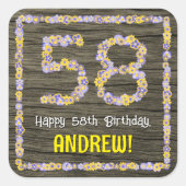 58ste verjaardag: Bloemnummer, Faux Wood Look, Naa Vierkante Sticker (Voorkant)