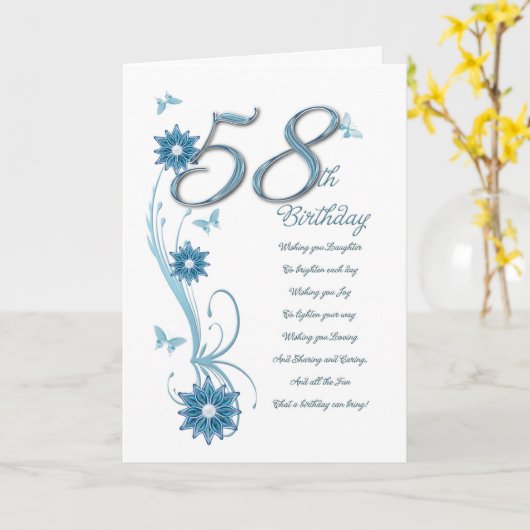 58ste verjaardag in blauwgroen met bloemen en vlin kaart (Gele Bloem)