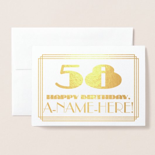 58ste verjaardag; naam + Art Deco geïnspireerd loo Folie Kaarten (Voorkant met envelop)