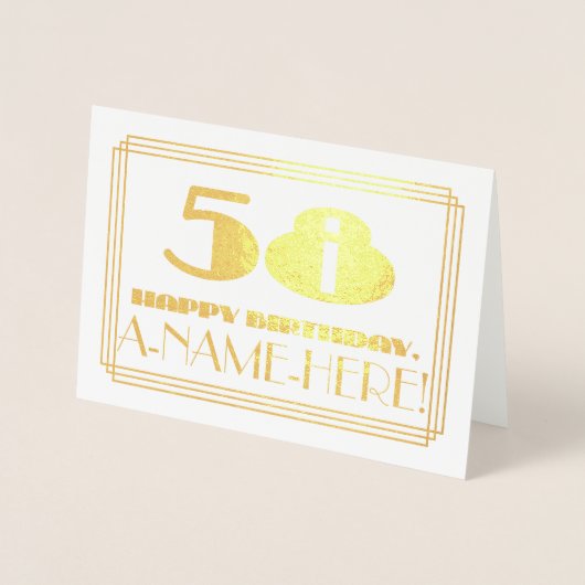 58ste verjaardag; naam + Art Deco geïnspireerd loo Folie Kaarten (Voorkant)
