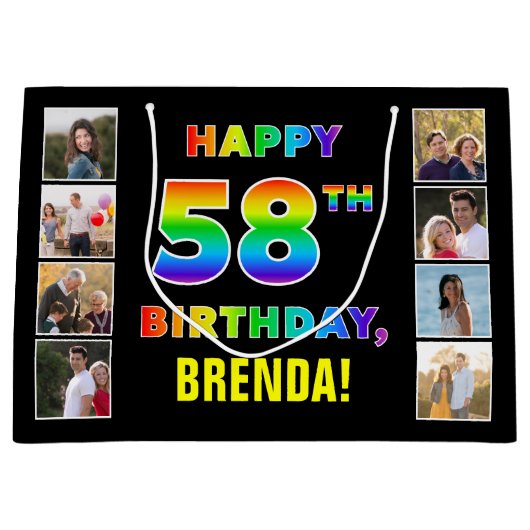 58ste verjaardag: Regenboogtekst, Aangepaste foto' Groot Cadeauzakje (Voorkant)