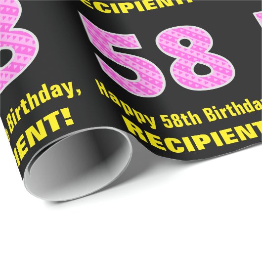 58ste verjaardag: roze strepen en harten "58" + na cadeaupapier (Rol Hoek)