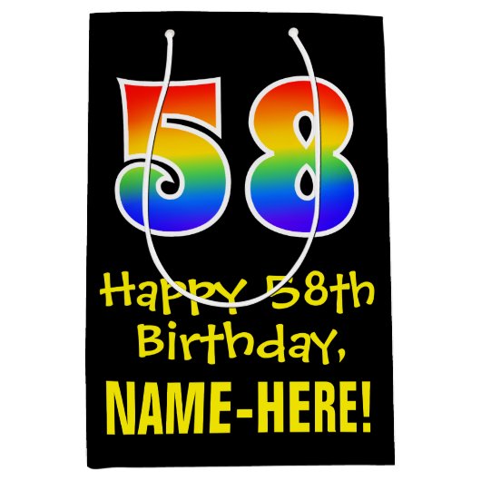 58ste verjaardag: vun, vet, kleurrijk, regenboog " medium cadeauzakje (Voorkant)