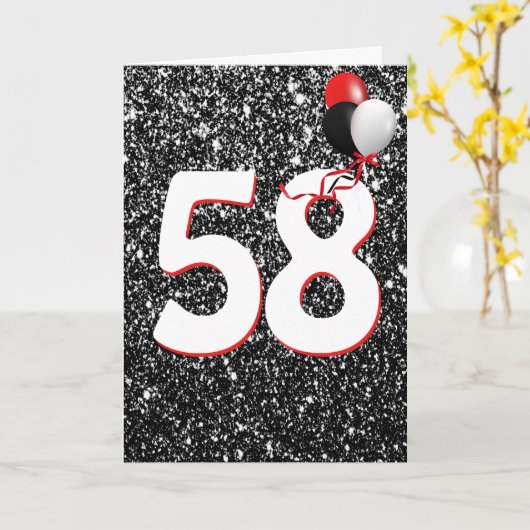 58ste Verjaardagsballonnen op Zwarte Glitter Kaart (Gele Bloem)