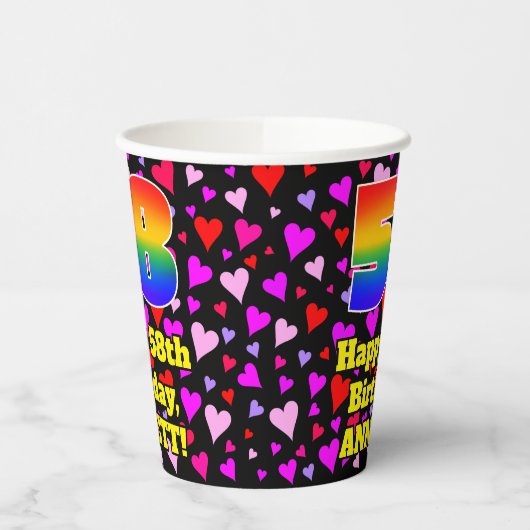 58th Birthday: Loving Hearts Pattern, Rainbow 58 Papieren Bekers (Links)