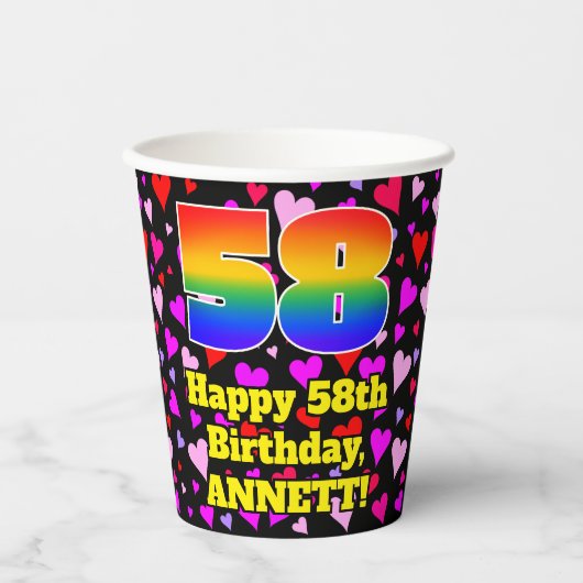 58th Birthday: Loving Hearts Pattern, Rainbow 58 Papieren Bekers (Voorkant)