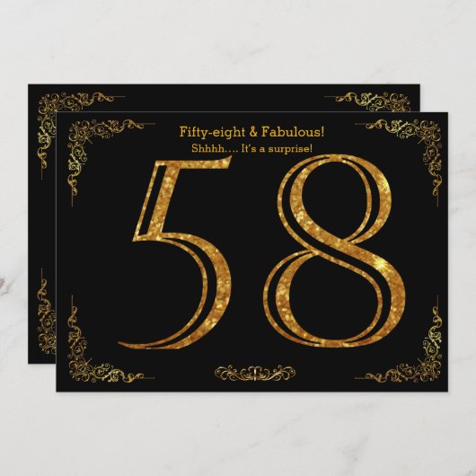 58th Birthday party, Gatsby styl, zwarte gouden gl Kaart (Voorkant / Achterkant)