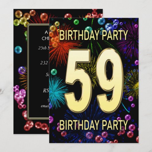 59e 'Birthday Party' Uitnodiging vuurwerk bellen (Voorkant / Achterkant)