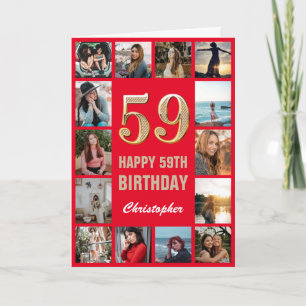 59e Happy Birthday Red en Gold Photo Collage Kaart