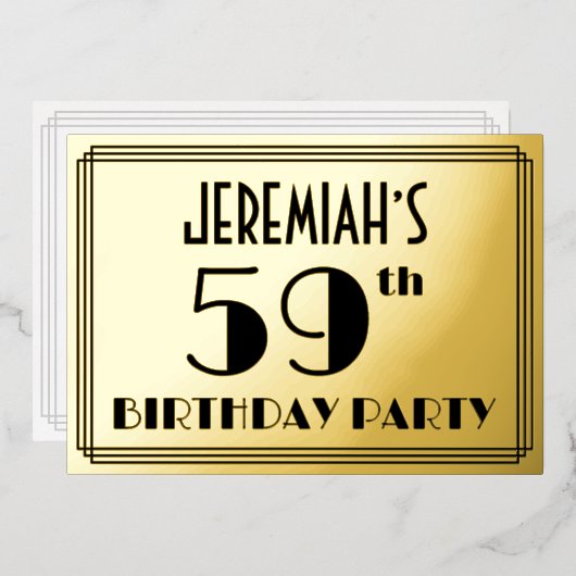 59e verjaardag — Art Deco Kijk "59" + Naam Folie Uitnodiging (Voorkant / Achterkant)