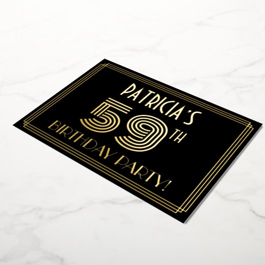 59e verjaardag — Art Deco Style "59" + Naam Folie Uitnodiging (Gedraaid)
