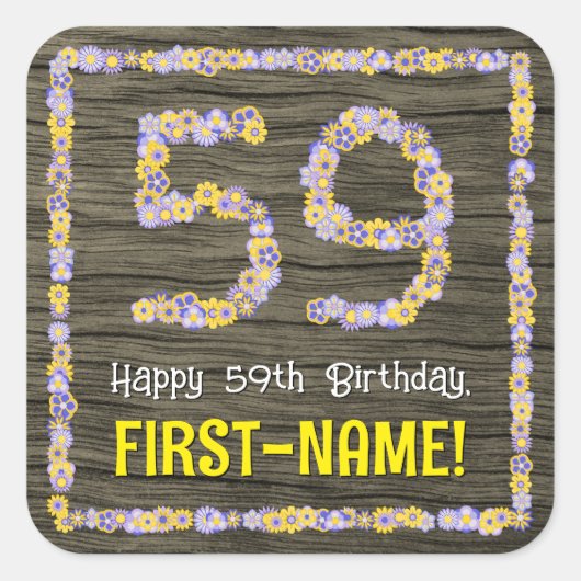 59e verjaardag: Bloemennummer, Faux Wood Look, Naa Vierkante Sticker (Voorkant)