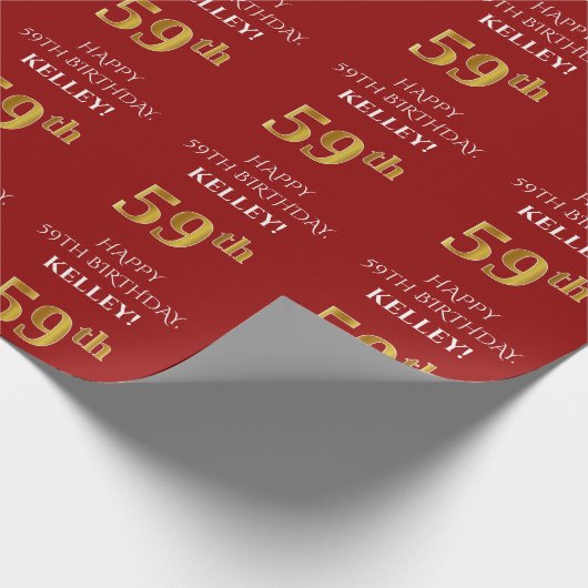 59e verjaardag: Elegant, Rood, Faux Gold Look Cadeaupapier (Hoek)
