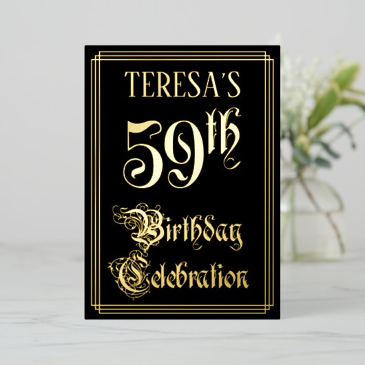 59e verjaardag — Fancy script en aangepaste naam Folie Uitnodiging (Staand Voorkant)