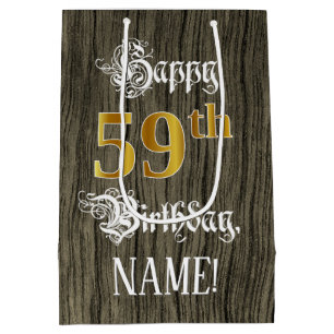 59e verjaardag: Faux Gold look & Faux Wood Pattern Medium Cadeauzakje