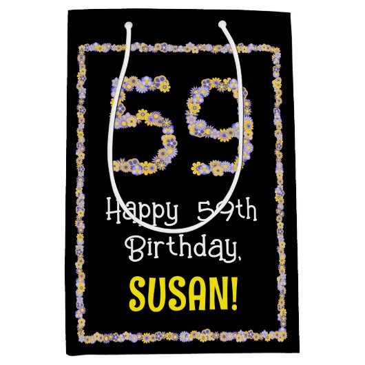 59e verjaardag: Floral Flowers Number, Custom Name Medium Cadeauzakje (Voorkant)