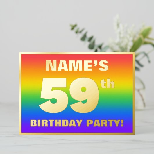 59e verjaardag: Fun, kleurrijk regenboogpatroon Folie Uitnodiging (Staand Voorkant)