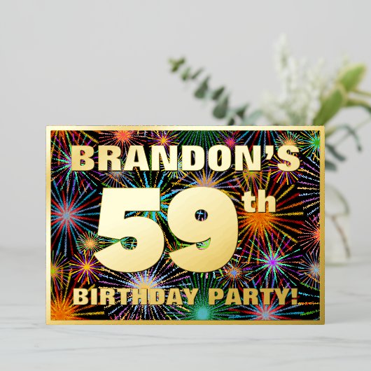 59e verjaardag — Fun, kleurrijke Fireworks look Folie Uitnodiging (Staand Voorkant)