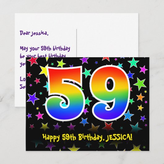 59e verjaardag: leuk sterrenpatroon, regenboog 59, briefkaart (Voorkant / Achterkant)