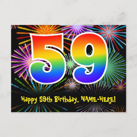 59e verjaardag – leuk vuurwerkpatroon + regenboog  briefkaart (Voorkant)