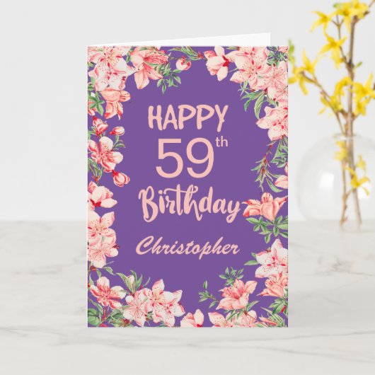 59e verjaardag Paarse Pink Peach Waterverf Floral Kaart (Gele Bloem)