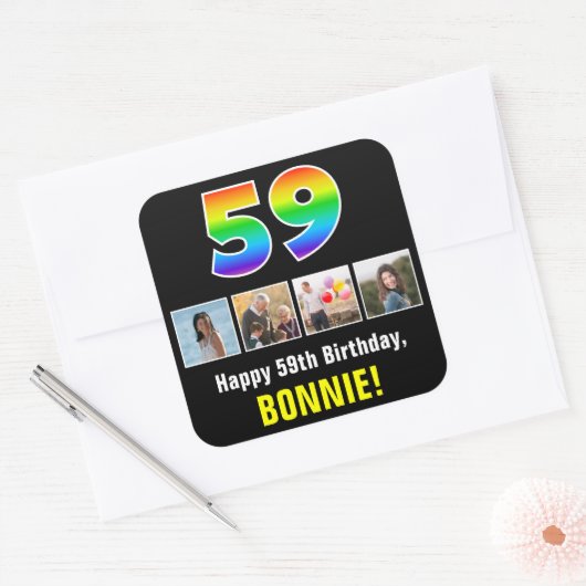 59e verjaardag: Regenboog "59"; Aangepaste foto's Vierkante Sticker (Envelop)