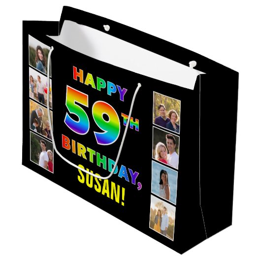 59e verjaardag: Regenboogtekst, aangepaste foto's  Groot Cadeauzakje (Voorkant Gekanteld)